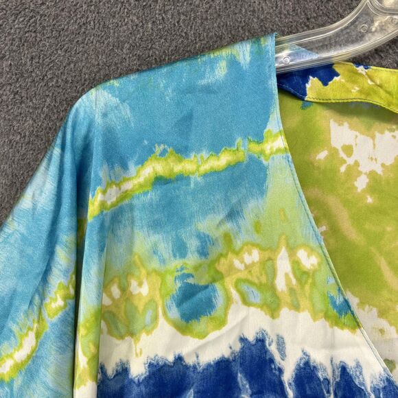 Chaps Shirt Womens Large Blue Green Tie Dye V Neck Kimono Sleeve Drawstring - Picture 3 of 15
